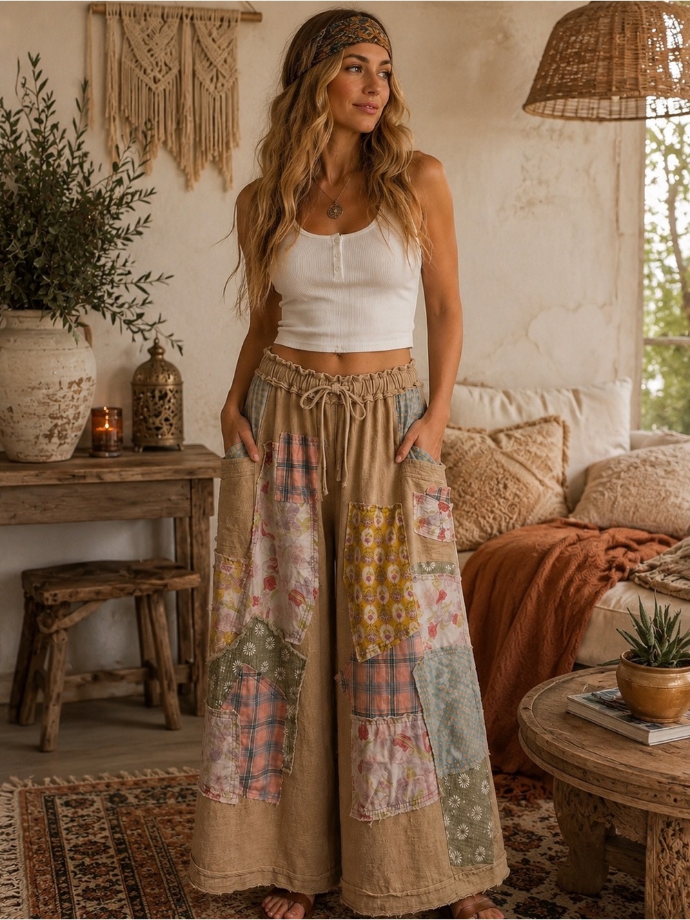 235🌟 Boho Patchwork Wide Leg Pants | NWOT | Size Large